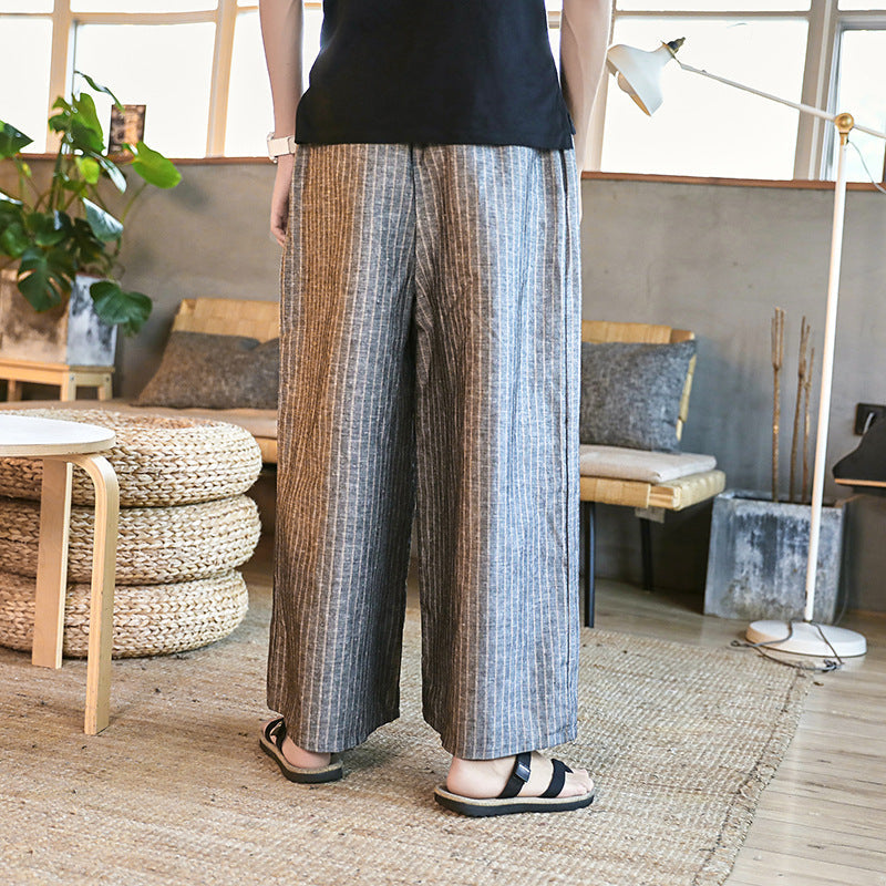 Pants Men's Baggy Big Leg Pants Casual Pants Wide Leg Harun Pants 2024 Versatile Cotton Linen Long Pants Striped Pants Skirt