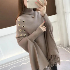 Yipinpay Bat Sleeve Loose Sweater Turtleneck Cloak Jacket Autumn Winter New Sweater Women's Hedging Tassel Shawl