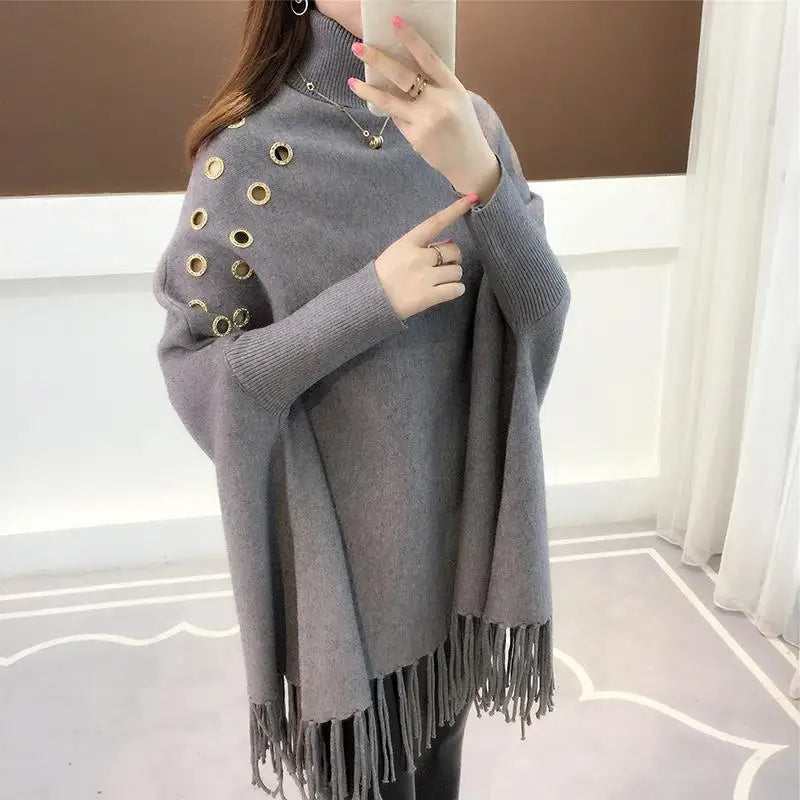 Yipinpay Bat Sleeve Loose Sweater Turtleneck Cloak Jacket Autumn Winter New Sweater Women's Hedging Tassel Shawl