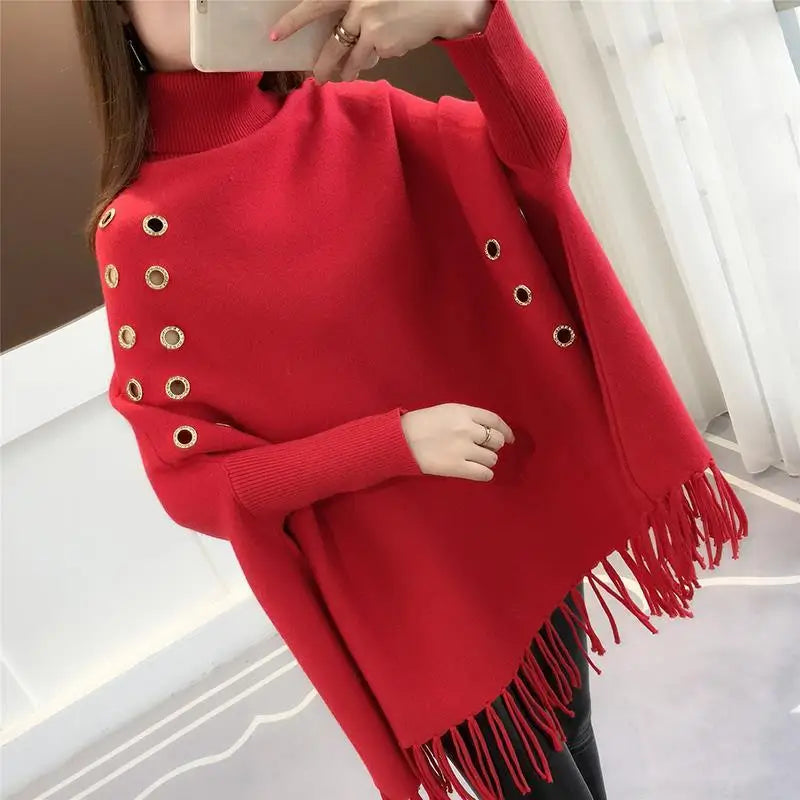 Yipinpay Bat Sleeve Loose Sweater Turtleneck Cloak Jacket Autumn Winter New Sweater Women's Hedging Tassel Shawl