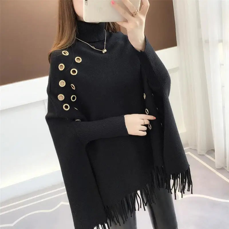 Yipinpay Bat Sleeve Loose Sweater Turtleneck Cloak Jacket Autumn Winter New Sweater Women's Hedging Tassel Shawl