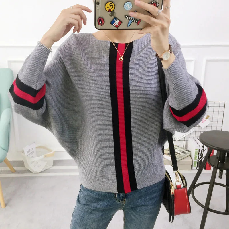 Yipinpay New Autumn Winter Women Sweater Pullover Stripe Contrast Color Bat Sleeve Knitted Jumper Loose Short Tops Outwear Pull Femm