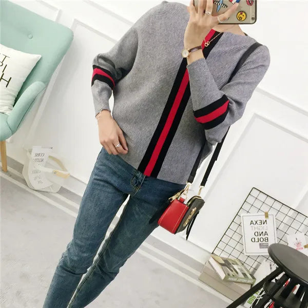 Yipinpay New Autumn Winter Women Sweater Pullover Stripe Contrast Color Bat Sleeve Knitted Jumper Loose Short Tops Outwear Pull Femm