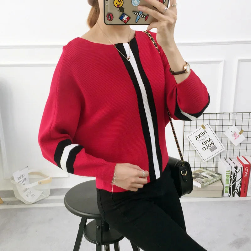 Yipinpay New Autumn Winter Women Sweater Pullover Stripe Contrast Color Bat Sleeve Knitted Jumper Loose Short Tops Outwear Pull Femm