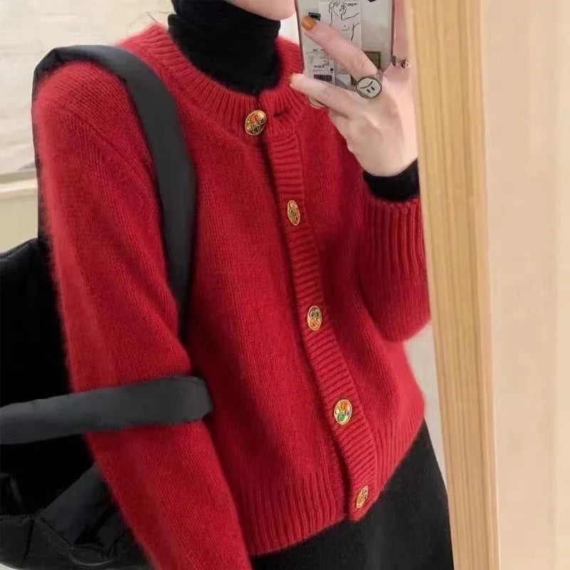 Yipinpay And Autumn Fashion New Long Sleeve Round Neck Solid Color Sweater Women Western Style Loose Knit Cardigan Jacket