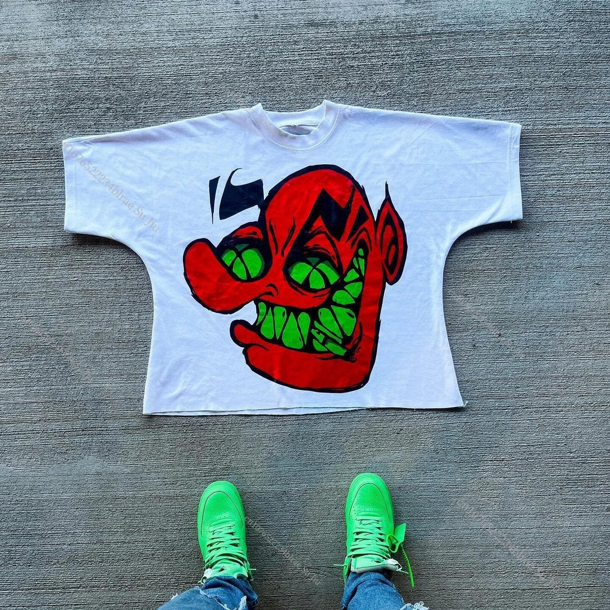 Yipinpay Kd Is Little Devil Graffiti Hip-Hop Printed Street Short-Sleeved T-Shirt Men And Women Retro Loose In Summer