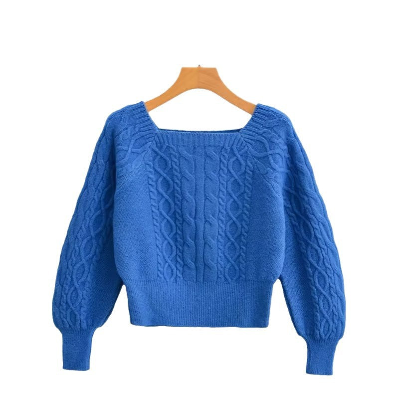 Yipinpay New Square Collar Long-Sleeved Twist Textured Short Sweater In Autumn