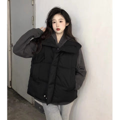 Collar Fold Wear Down Cotton-Padded Jacket Cotton-Padded Jacket Vest Coat Female Spring And Autumn Winter Loose Increase Vest Outside Wear Clip Jacket