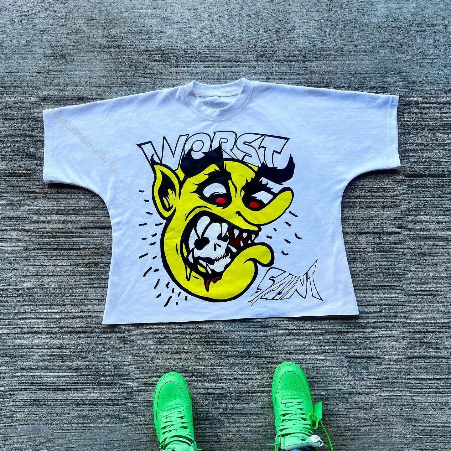 Yipinpay Kd Is Little Devil Graffiti Hip-Hop Printed Street Short-Sleeved T-Shirt Men And Women Retro Loose In Summer