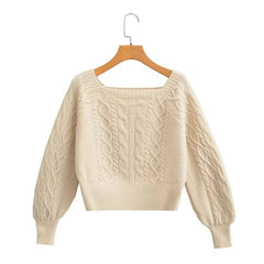 Yipinpay New Square Collar Long-Sleeved Twist Textured Short Sweater In Autumn