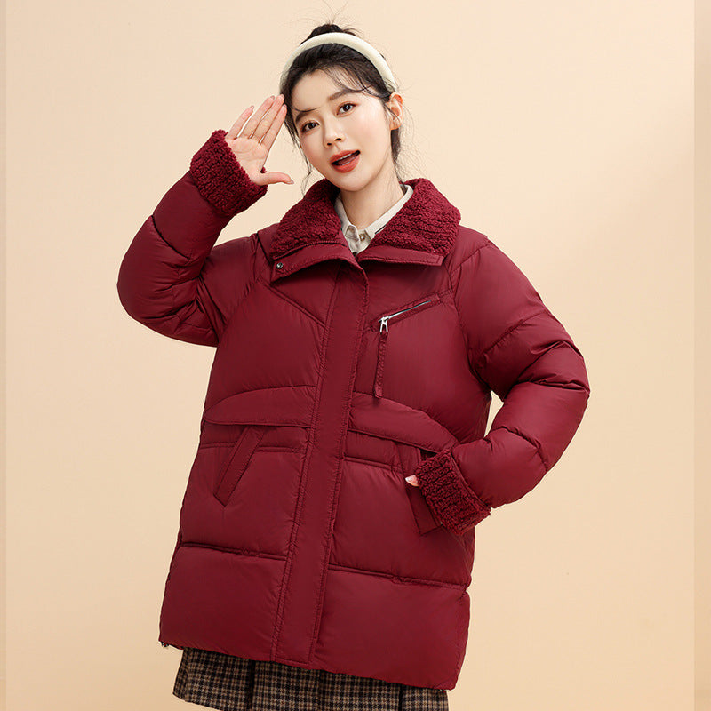 Down Cotton Jacket Female Winter 2024 New Loose Lamb Wool Collar Cotton-Padded Jacket And Thick Coat