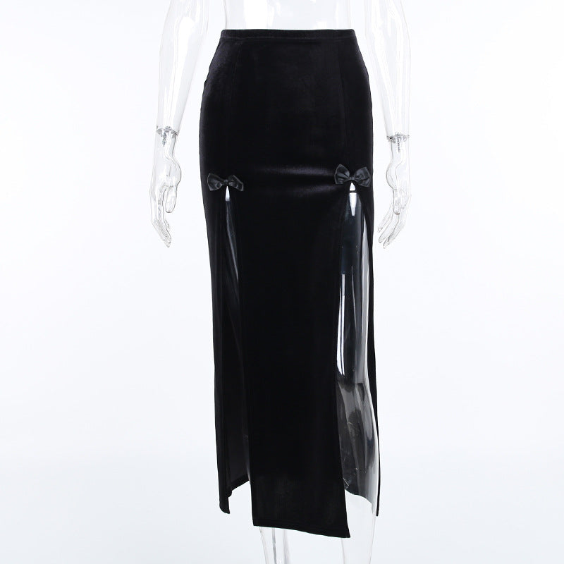 Yipinpay Dark 2024 Spring New High-Waisted Suede Double Split Fashion Leisure Spice Girl Full-Length Skirt