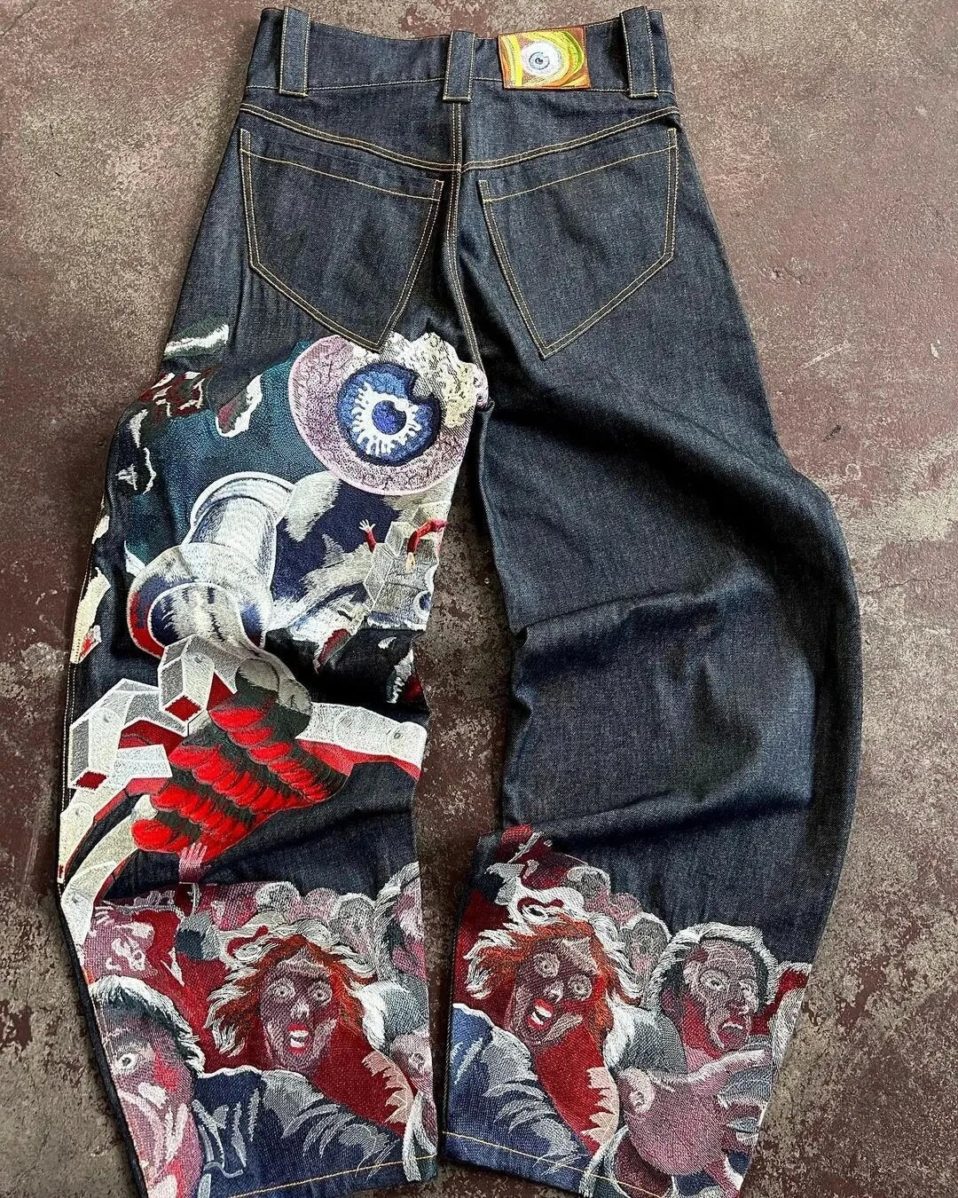 Yipinpay Ancient Bat Pattern Embroidered Loose Jeans Men's Street Y2K Pants Lazy Jeans