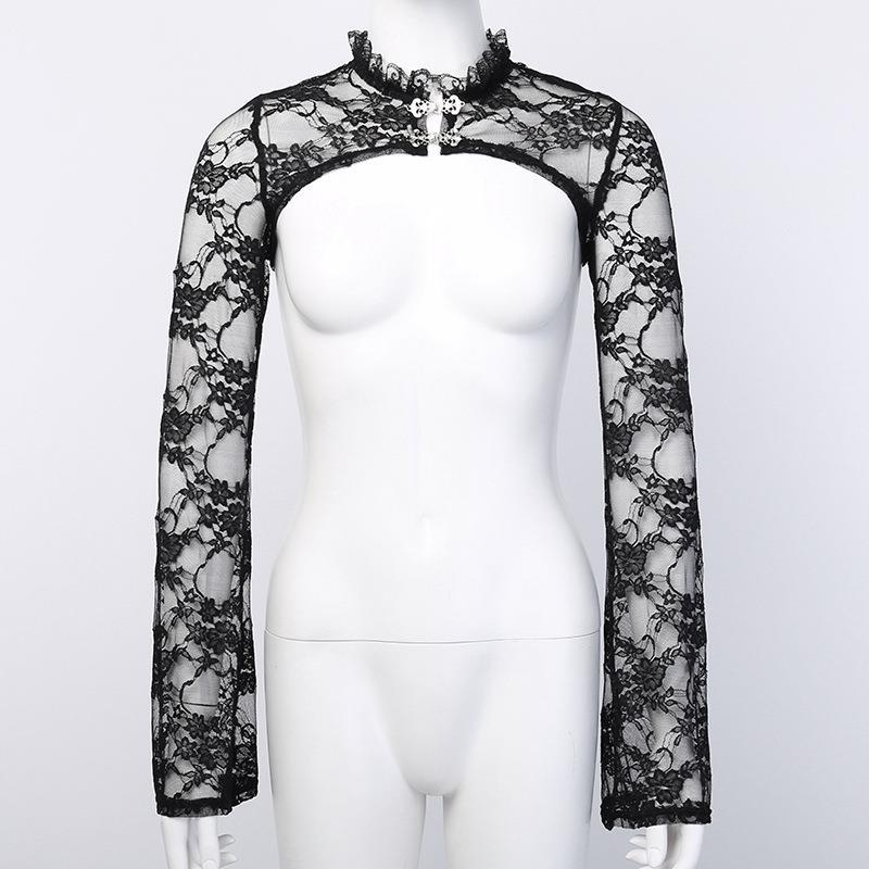 Yipinpay Horn Sleeve Black Collar V Inner Blouse The Court Tight Long-Sleeved Perspective Lace Bottomed Shirt