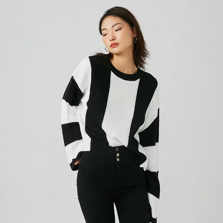 Yipinpay And Winter New Women's Wear New Leisure Style Long-Sleeved Round-Neck Vertical Striped Casual Sweater