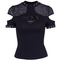 Yipinpay Knitted Gothic Vintage Hollowed-Out Short-Sleeved T-Shirt Spring Ins Dark Style Slim Blouse