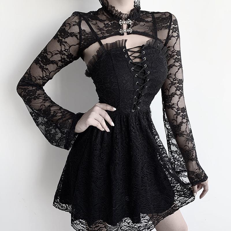 Yipinpay Horn Sleeve Black Collar V Inner Blouse The Court Tight Long-Sleeved Perspective Lace Bottomed Shirt