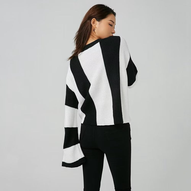 Yipinpay And Winter New Women's Wear New Leisure Style Long-Sleeved Round-Neck Vertical Striped Casual Sweater