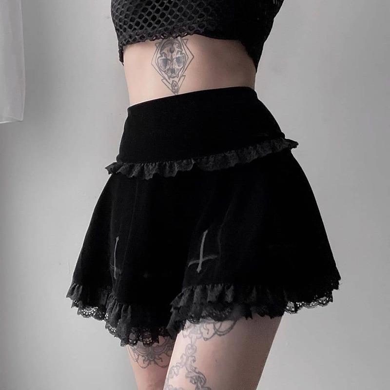 Yipinpay Dark Design Embroidered Lace Skirt 2024 Winter High Waist New Black Half Skirt