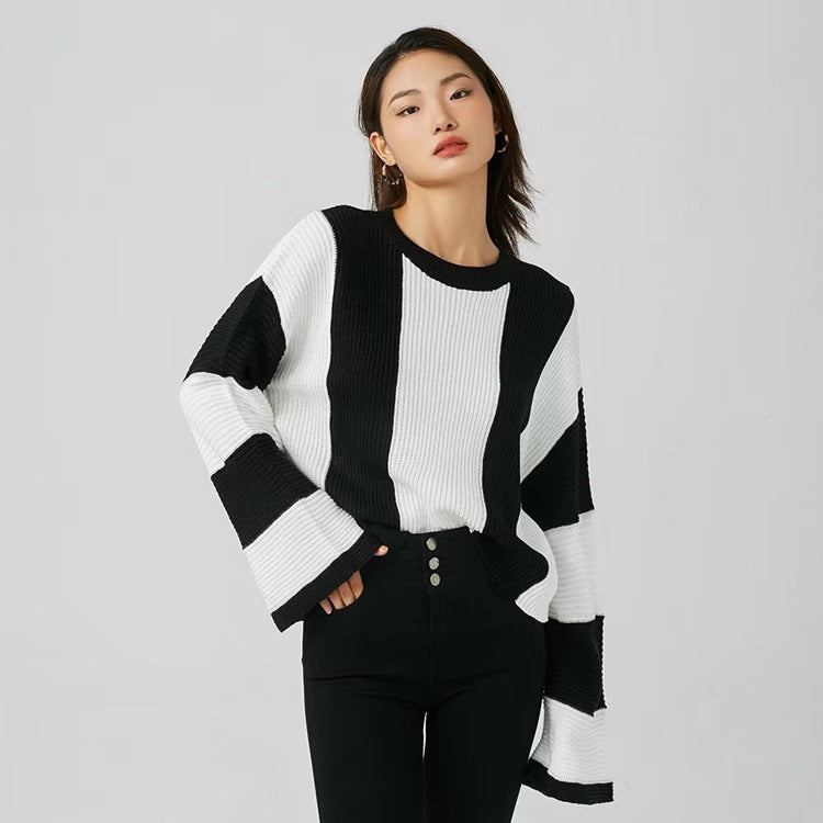 Yipinpay And Winter New Women's Wear New Leisure Style Long-Sleeved Round-Neck Vertical Striped Casual Sweater