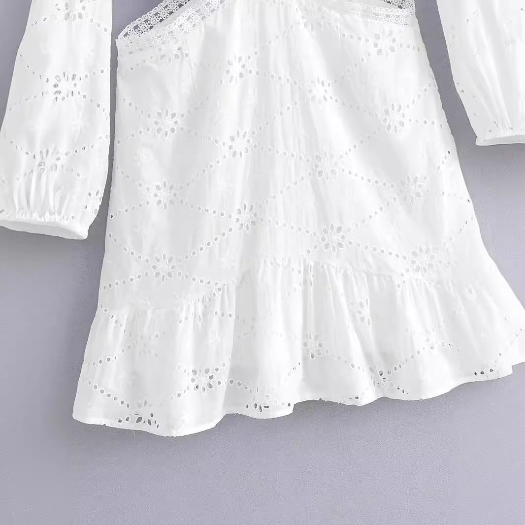 Yipinpay And Winter New V-Collar Lace Waist Open Dress Embroidered Hollowed-Out Sexy Skirt