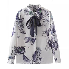 Yipinpay Bowknot Satin Printed Shirt In Spring And Summer