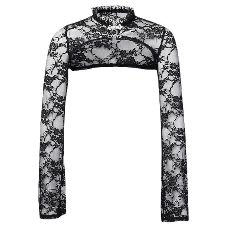 Yipinpay Horn Sleeve Black Collar V Inner Blouse The Court Tight Long-Sleeved Perspective Lace Bottomed Shirt