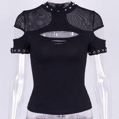 Yipinpay Knitted Gothic Vintage Hollowed-Out Short-Sleeved T-Shirt Spring Ins Dark Style Slim Blouse