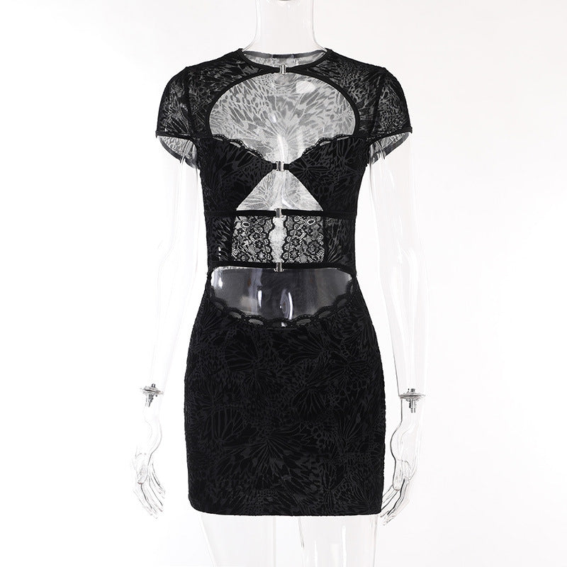 Yipinpay Autumn New Spicy Girls Sexy Slim Hip Skirt Fashion Flocking Lace Hollowed-Out Dress Woman