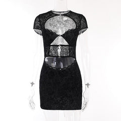 Yipinpay Autumn New Spicy Girls Sexy Slim Hip Skirt Fashion Flocking Lace Hollowed-Out Dress Woman