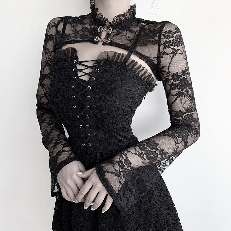 Yipinpay Horn Sleeve Black Collar V Inner Blouse The Court Tight Long-Sleeved Perspective Lace Bottomed Shirt