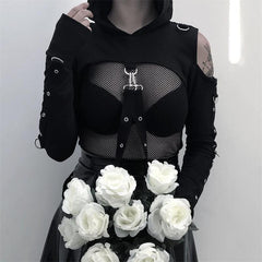 Yipinpay Dark Wind 2024 Spring New Ins Gothic Short Style Sweater With Shoulders Exposed And Navel Exposed For Women's Wear