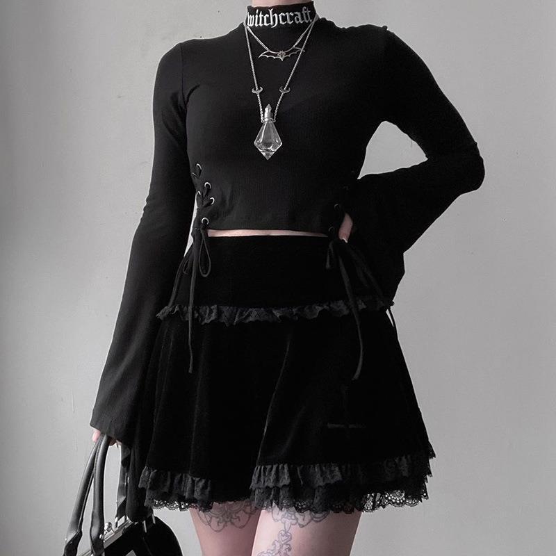 Yipinpay Dark Design Embroidered Lace Skirt 2024 Winter High Waist New Black Half Skirt