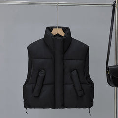 Collar Short Cotton-Padded Jacket Vest Female 2024 Autumn / Winter New Warm And Fashionable High Waist Vest Bread Suit Coat