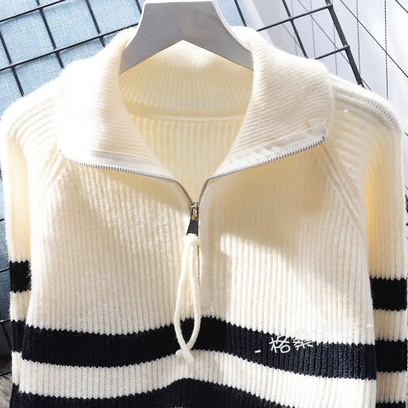 Yipinpay neck zipper stripe pullover sweater for women loose sweater 2024 autumn/winter Japanese knit sweater pullover female top