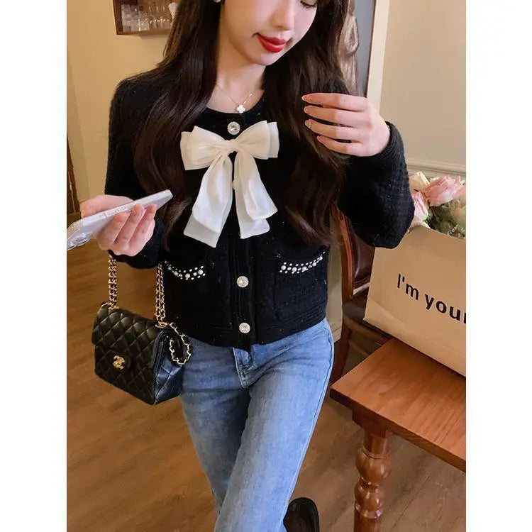 Yipinpay Knitted Cardigan Coat Design Sense Short Sweater Female 2024 Foreign Long Sleeve O Neck Sweater Cardigan Female Tops