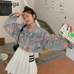 Yipinpay Elegant Rose Printed Women Denim Jackets Long Sleeve Outwear Autumn 2024 Crop Tops Korean Loose Streetwear Coats Chic