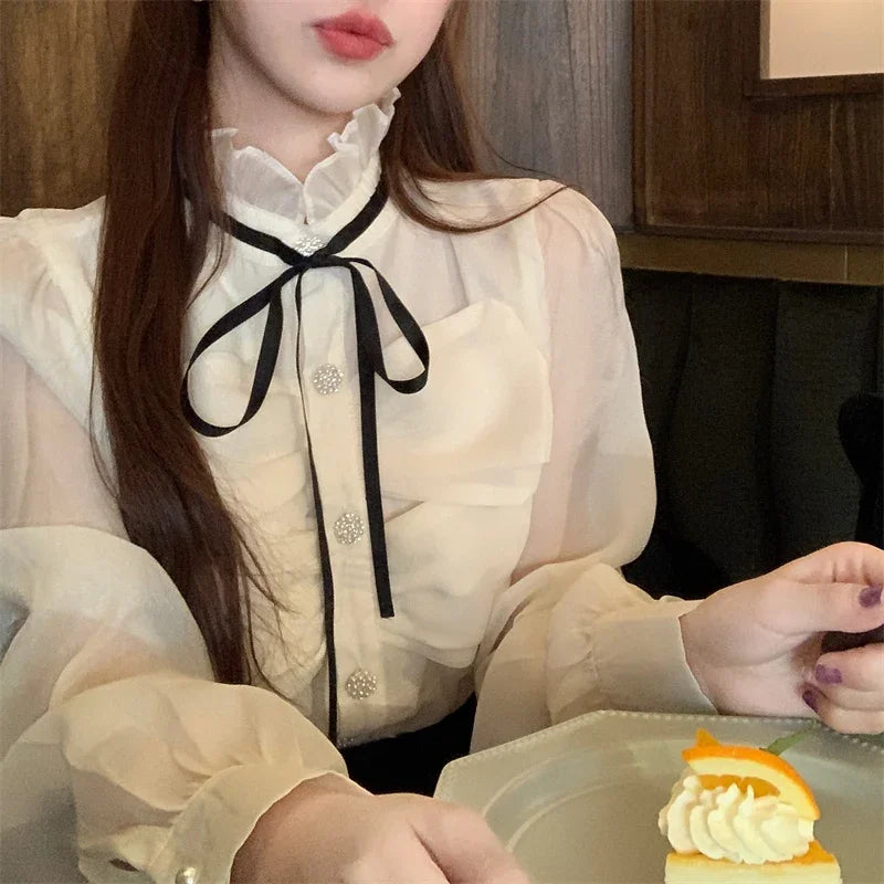 Yipinpay Elegant Shirts Women French Style Bow Stand Collar Long Sleeve Ruffles Spring Summer Office Lady Blouse Fashion Tops