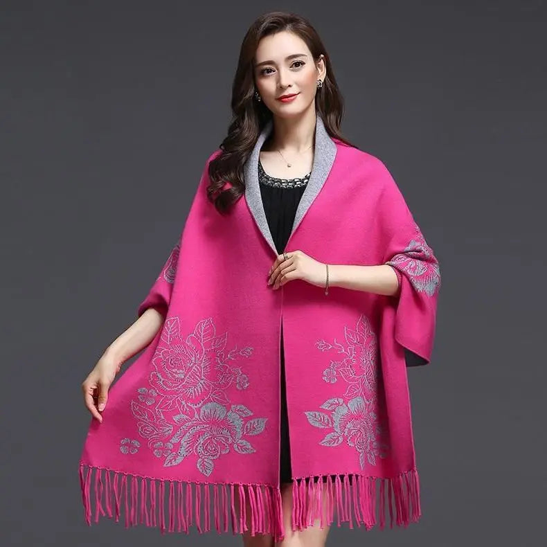 Yipinpay cashmere tassel poncho shawl dual-purpose scarf women knitted sweater top retro cheongsam cloak cape coat outside clothing