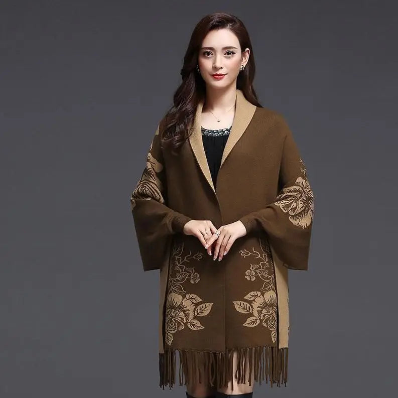 Yipinpay cashmere tassel poncho shawl dual-purpose scarf women knitted sweater top retro cheongsam cloak cape coat outside clothing