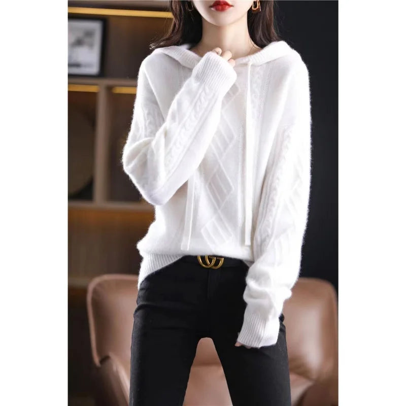 Yipinpay autumn and winter 2024 hooded knitwear fried dough twist sweater long sleeve women loose pullover knitting sweater