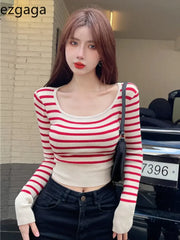 Yipinpay Cropped Sweater Women Vintage Striped Autumn New O Neck Slim Stretch Bottoming Ladies Knitted Tops Sexy Fashion