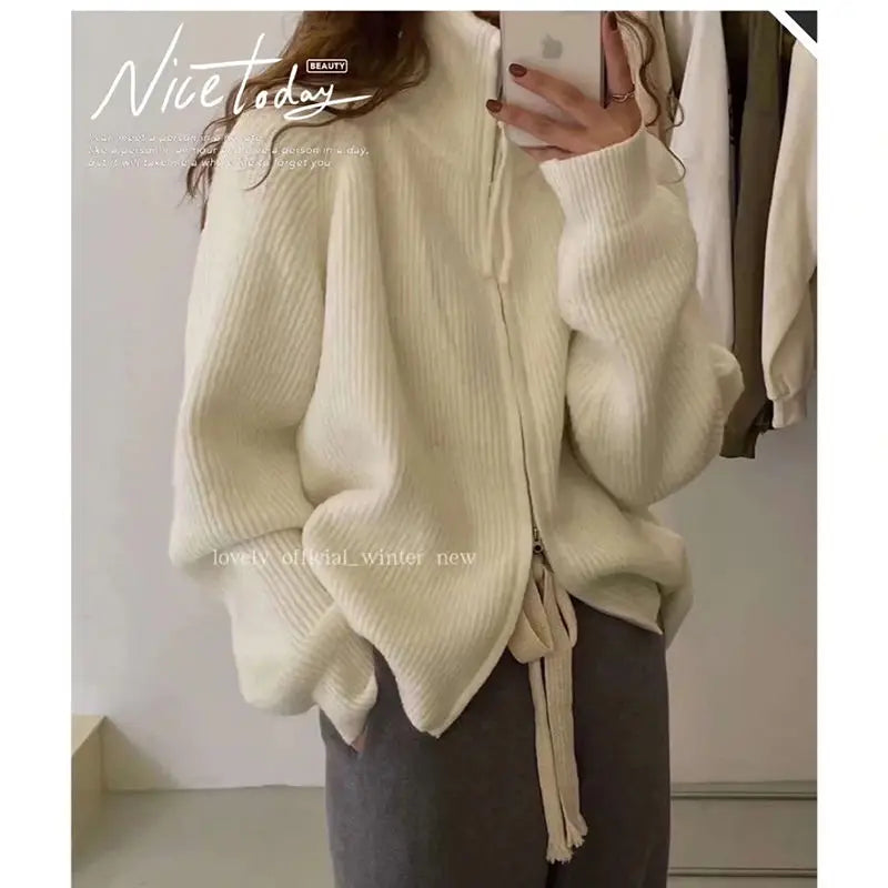 Yipinpay cardigan sweater female spring and autumn lapel zipper sweater long sleeve solid women foreign outerwear cardigan female