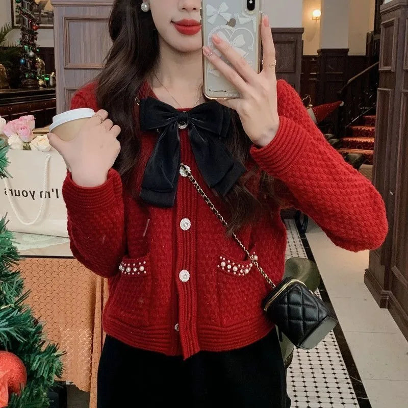 Yipinpay Knitted Cardigan Coat Design Sense Short Sweater Female 2024 Foreign Long Sleeve O Neck Sweater Cardigan Female Tops