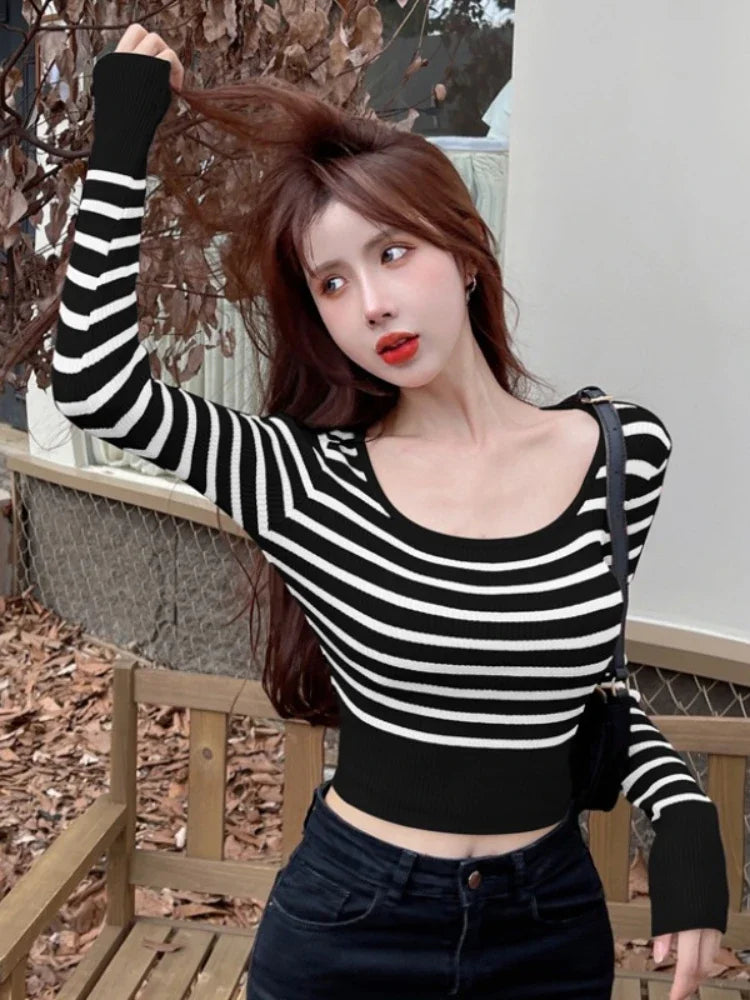 Yipinpay Cropped Sweater Women Vintage Striped Autumn New O Neck Slim Stretch Bottoming Ladies Knitted Tops Sexy Fashion