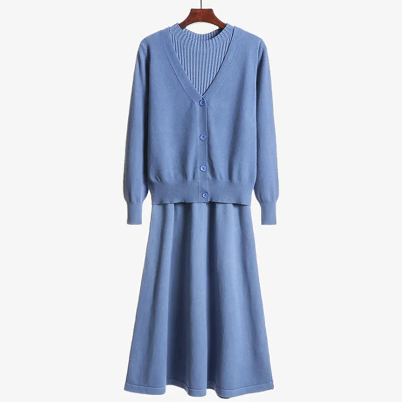 Yipinpay new spring and autumn long-sleeved v-neck top two-piece suit sweater dress wild loose knit cardigan women