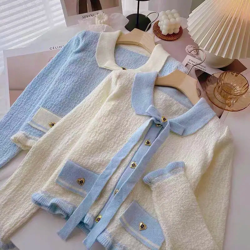 Yipinpay Ear Edge Color Contrast Bowknot Sweater Cardigan Women Autumn and Winter 2024 Foreign Small Fragrant Long Sleeve Cardigan