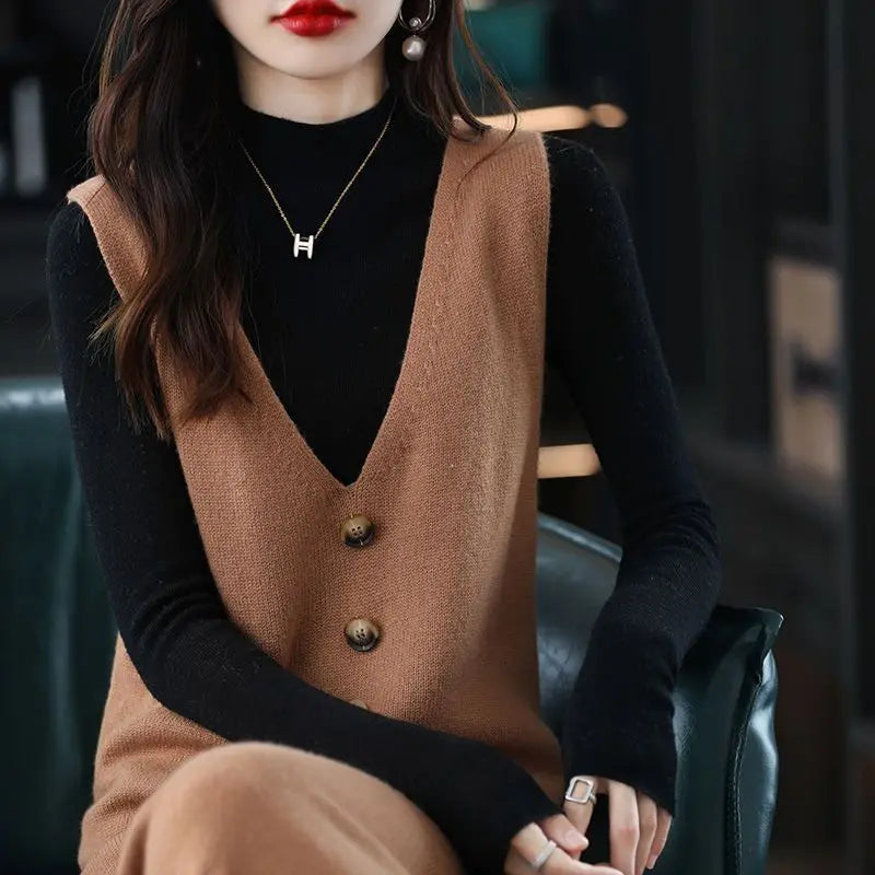 Yipinpay knitted vest skirt long V-neck casual loose sweater solid 2024 autumn and winter knitted sleeveless women vest sweater