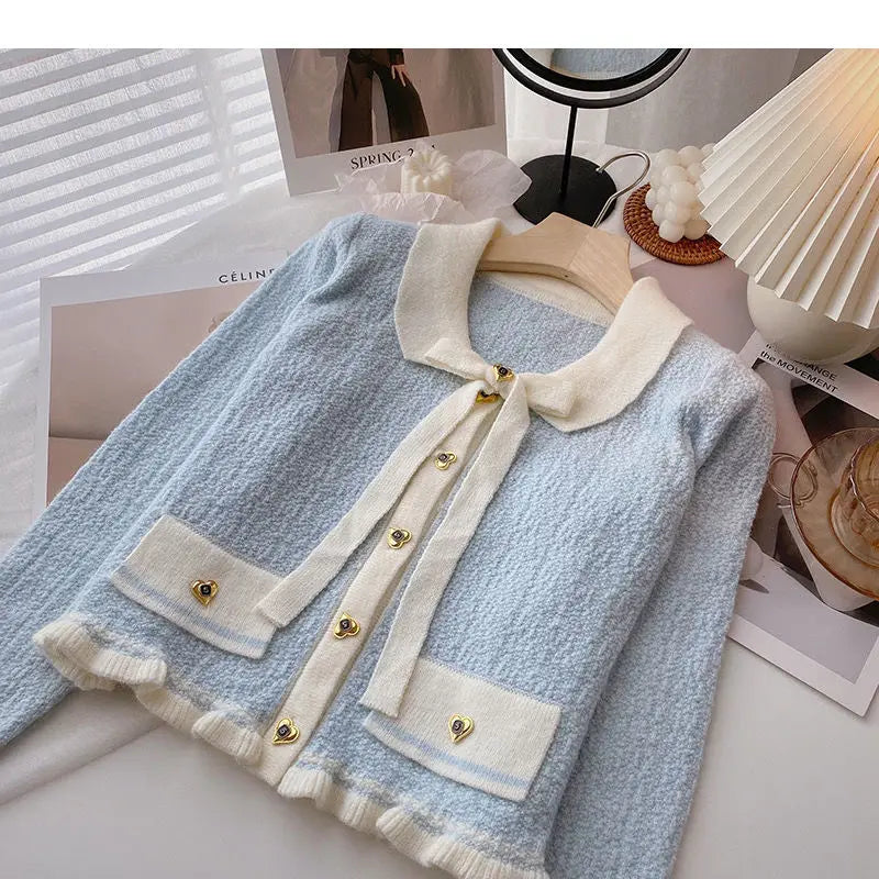 Yipinpay Ear Edge Color Contrast Bowknot Sweater Cardigan Women Autumn and Winter 2024 Foreign Small Fragrant Long Sleeve Cardigan