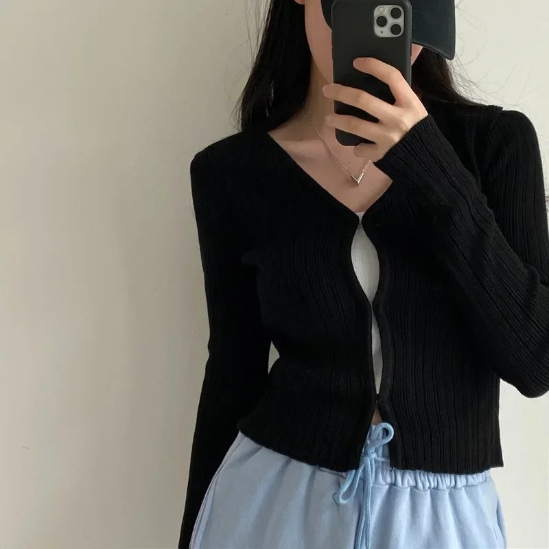 Yipinpay Cropped Cardigan Women V Neck Covered Button Solid Stretch Thin Spring Long Sleeve Knitted Tops Casual Lady Sweater